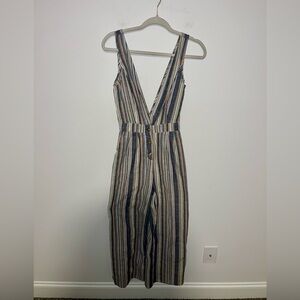 Addie striped deep v neck jumpsuit with 3 buttons and pockets Small